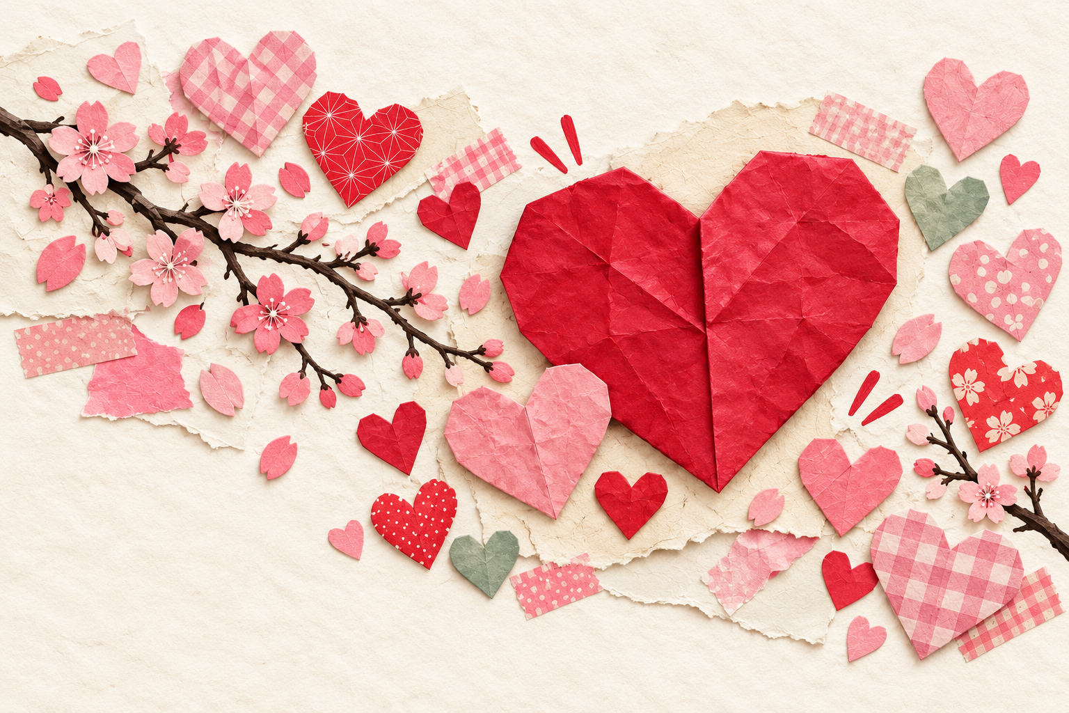 Red and pink paper hearts, cherry blossoms and patterned washi tape in a handmade collage